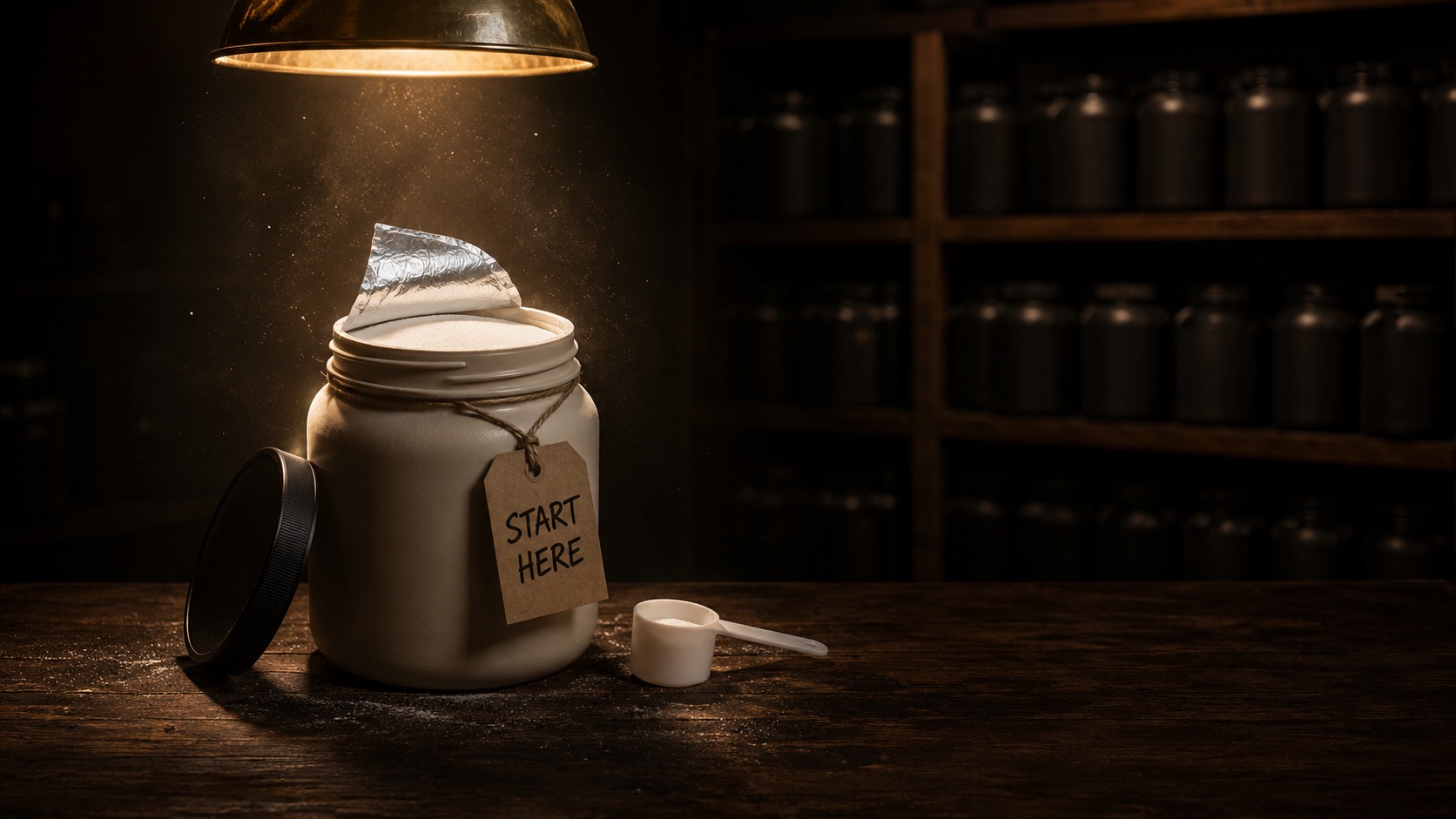 A single cream tub of protein powder lit under a warm lamp, its foil seal freshly peeled and the powder untouched, a kraft tag tied to it reading Start Here, with rows of anonymous dark tubs fading into shadow behind