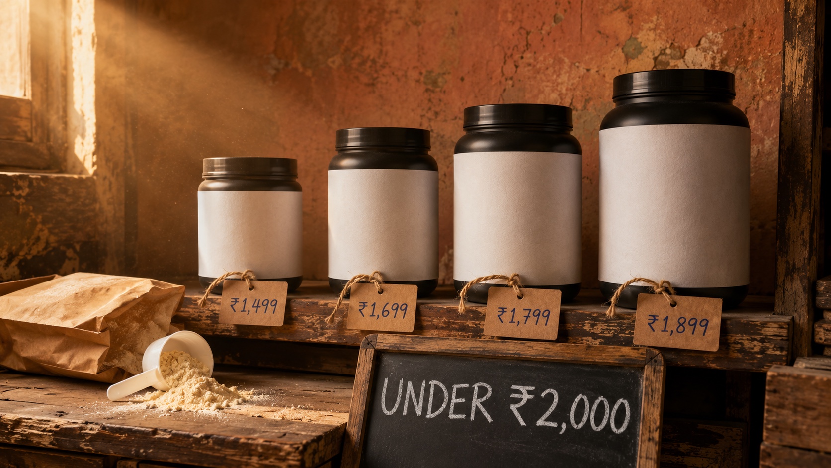 Four unbranded supplement protein tubs lined up on a rustic wooden shelf in warm golden-hour light, each with a hand-written kraft price tag in fountain-pen ink reading ₹1,499 to ₹1,899, with a chalkboard sign in front reading "UNDER ₹2,000" and a fallen scoop spilling cream powder on the wood