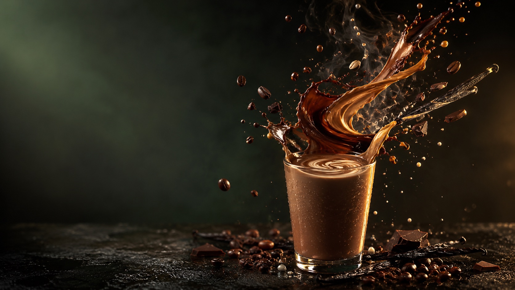 A glass of chocolate protein shake erupting in a dramatic splash on a dark forest-green background, with coffee beans, chocolate shards and cream droplets suspended in the air around a swirling ribbon of chocolate and coffee.