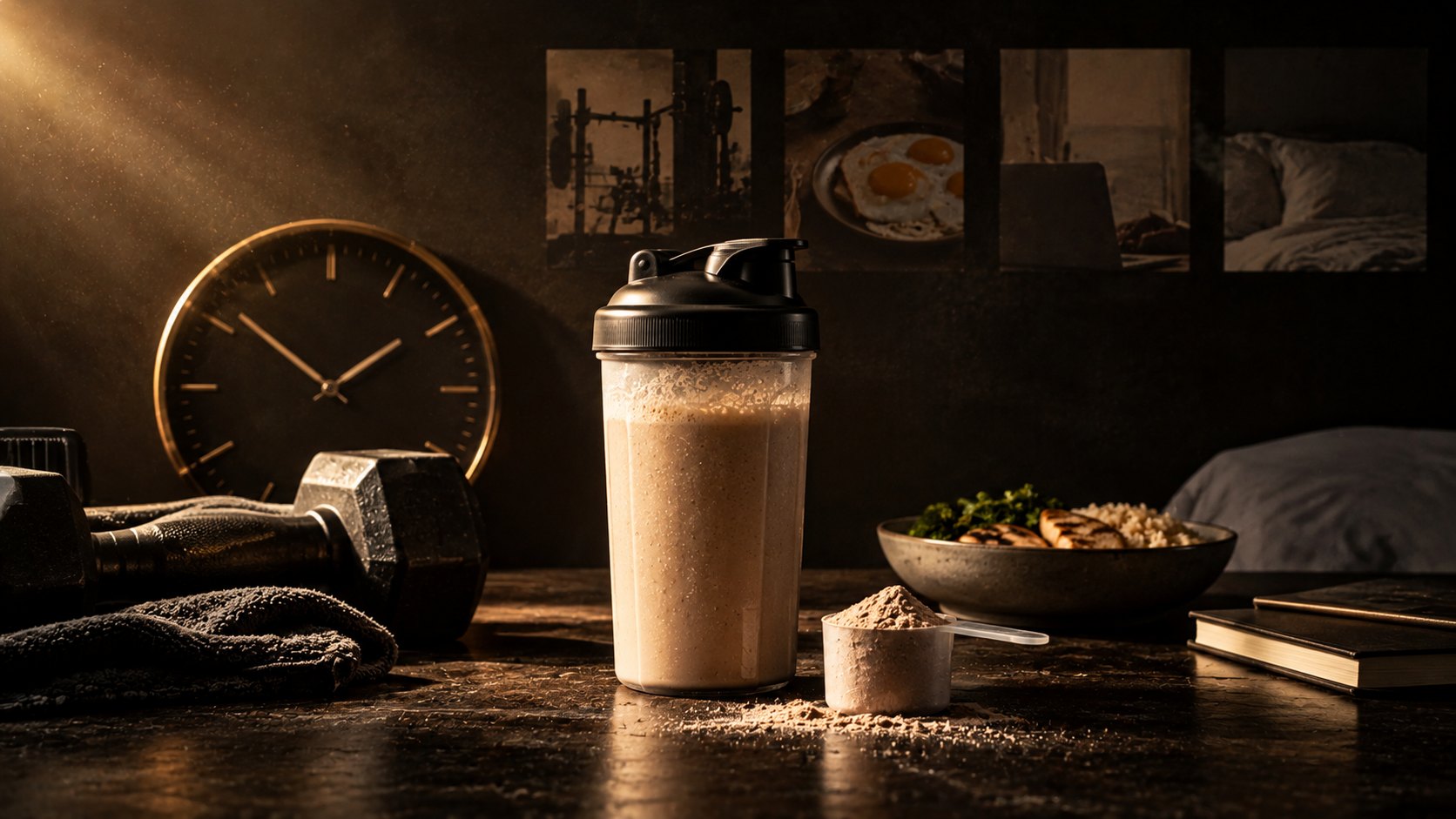A round wall clock above a dark kitchen counter holding a filled shaker, a scoop of powder, a dumbbell and a folded towel