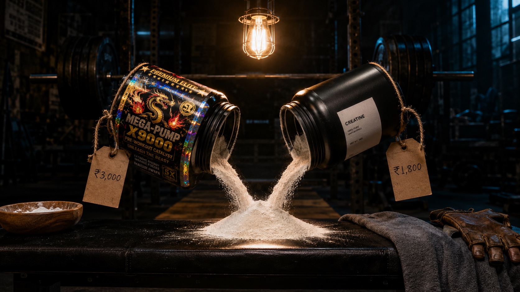 Two supplement tubs tipped over and pouring identical streams of white powder onto a dark gym bench under a warm Edison filament bulb, the left tub gaudy with holographic foil and a ₹3,000 price tag, the right tub plain matte black with a ₹1,800 tag, with a barbell and weight plates in the shadowy background