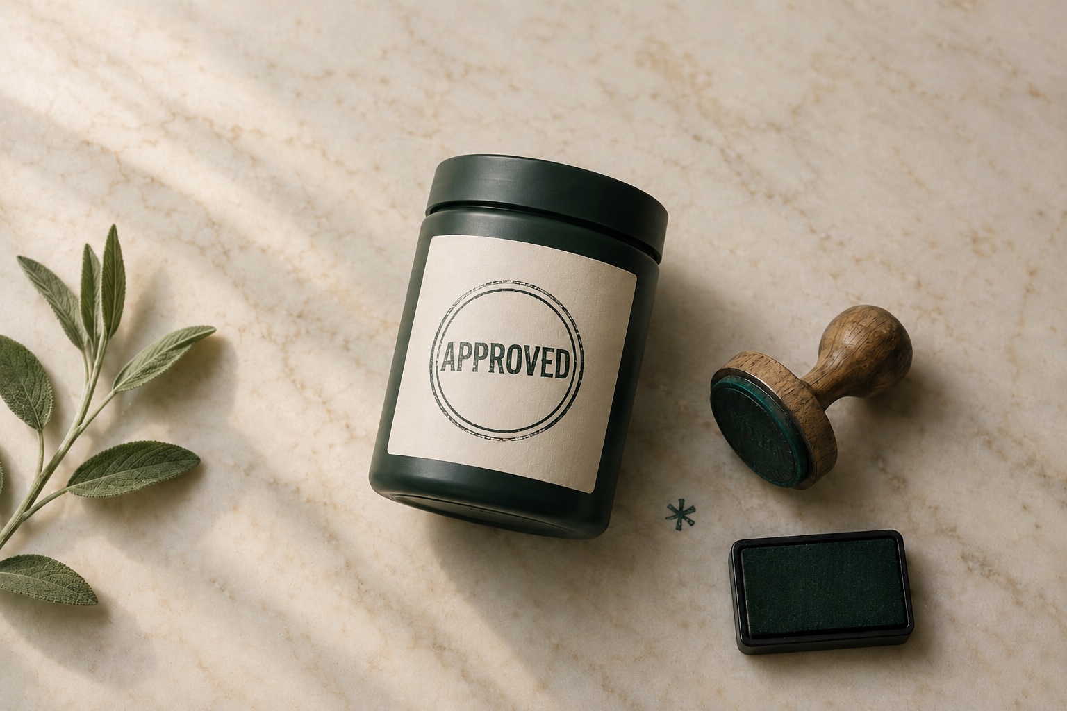A dark green supplement tub on cream marble, its blank label carrying a rubber stamp that reads APPROVED, with a small asterisk inked on the marble beside it