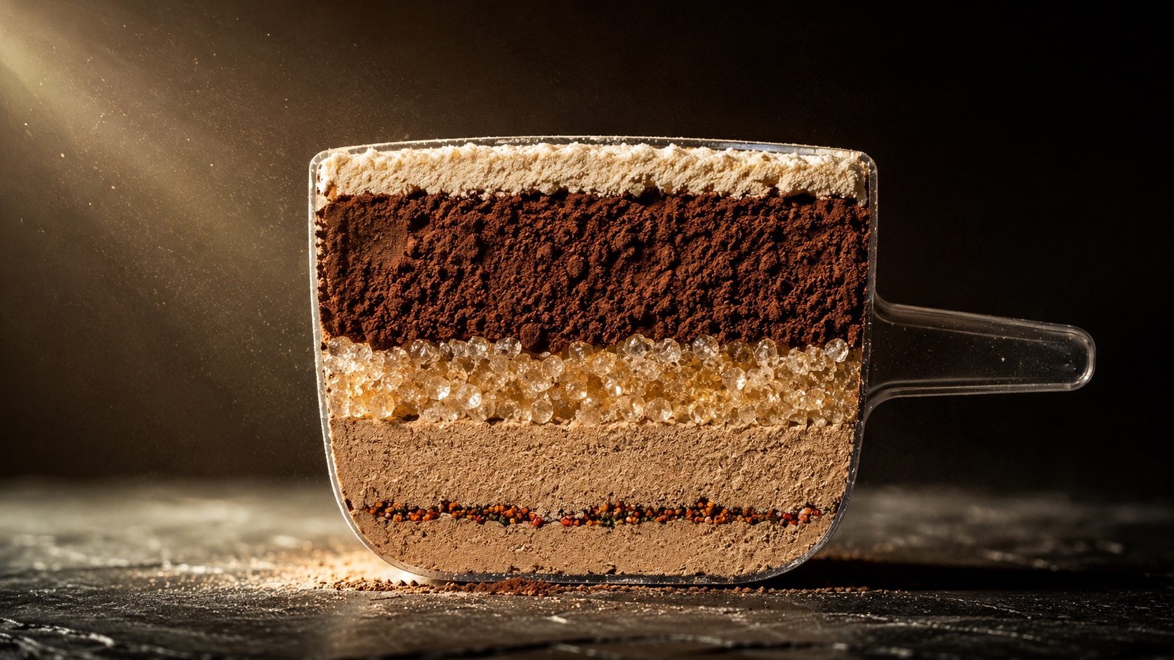 A clear protein scoop sliced in half, its cross-section revealing the powder inside as distinct strata: a thin band of cream-white whey on top, then layers of cocoa, glittering sweetener crystals, sandy filler, and a fine seam of coloured enzyme specks, lit by a warm beam of light against a dark background