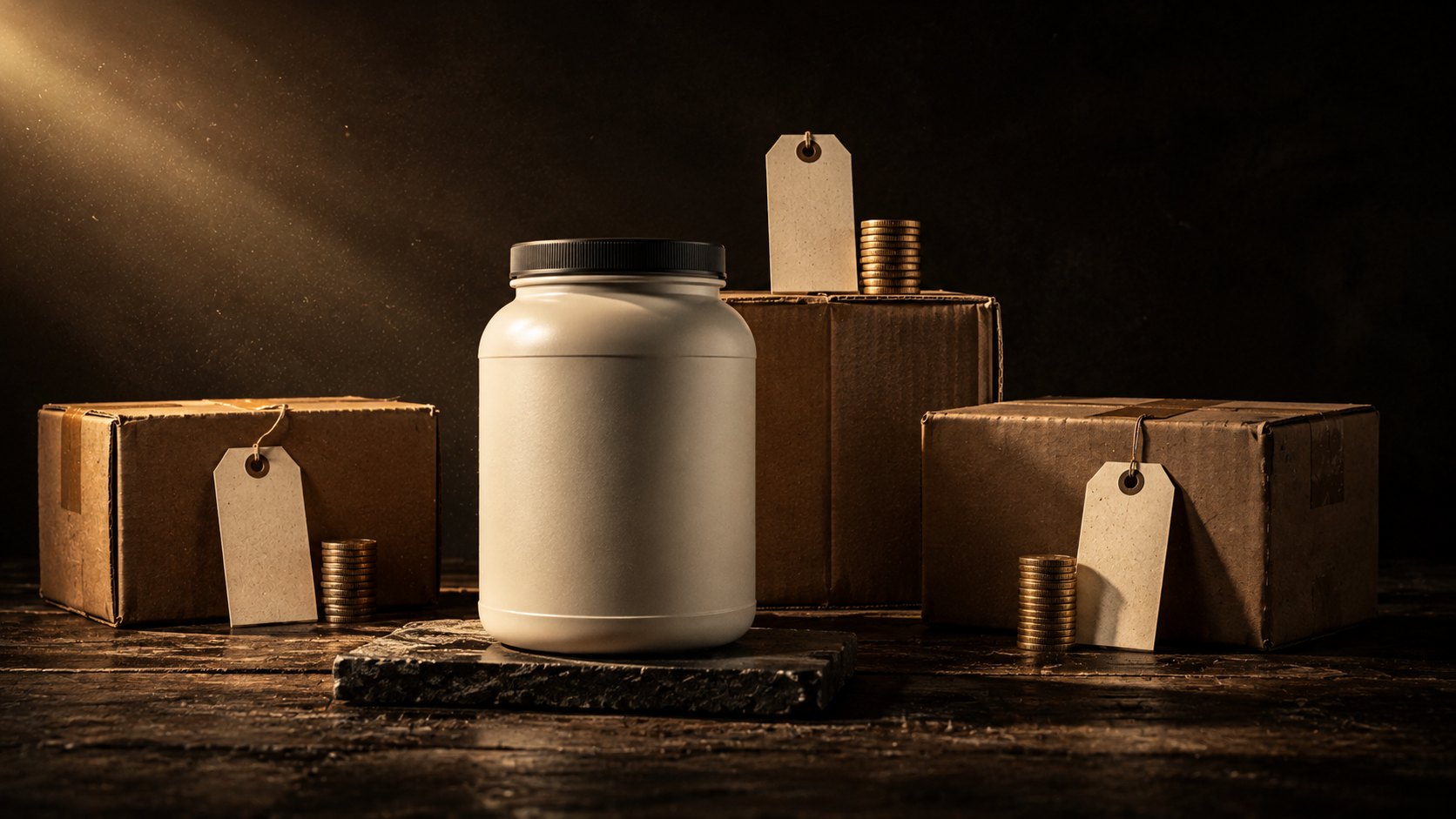 A cream protein tub on a stone slab between plain cardboard delivery boxes with blank paper price tags and small stacks of coins