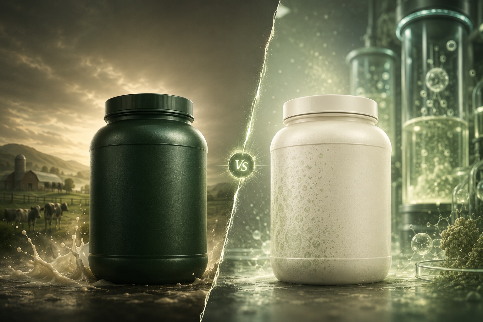 A dark green whey protein tub on a sunlit dairy farm facing a cream fermented yeast protein tub in a fermentation lab, split down the middle by a glowing VS