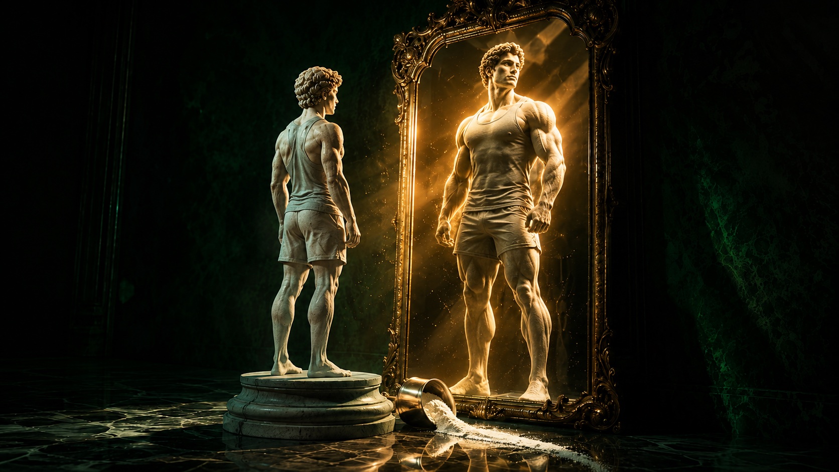 An ivory-marble sculpture of an average-built athlete in a tank top and shorts faces an ornate gilded mirror in a dark forest-green studio, where his spotlit golden reflection appears far larger and more muscular than the real figure, with a fallen scoop spilling cream powder on the glossy marble floor.